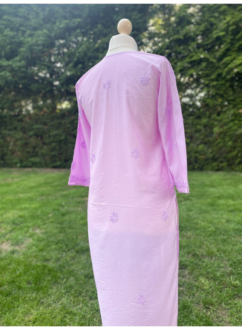 Lilac Cotton Silk Chikankari Kurta, Hand Embroidered Long Indian Tunic - Image 1