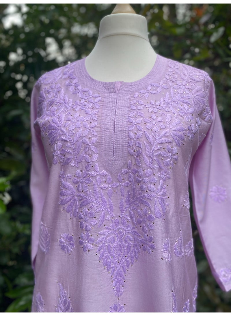 Lilac Cotton Silk Chikankari Kurta, Hand Embroidered Long Indian Tunic - Image 3