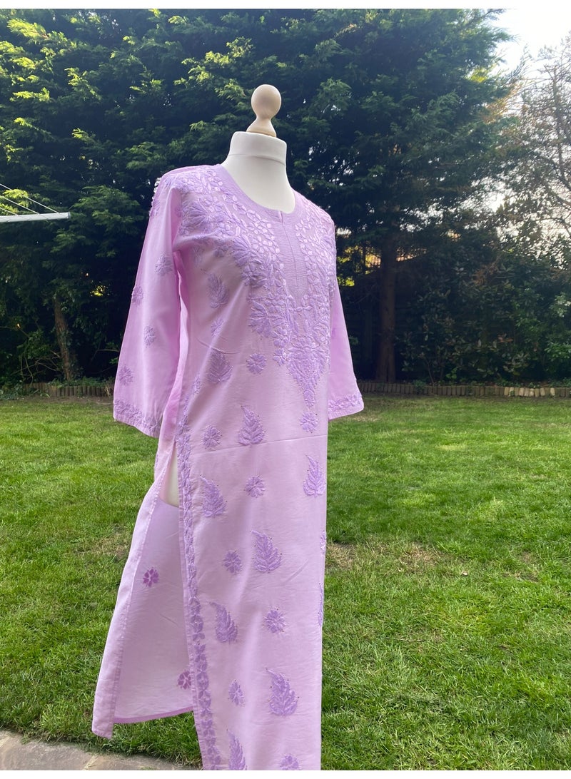 Lilac Cotton Silk Chikankari Kurta, Hand Embroidered Long Indian Tunic - Image 2