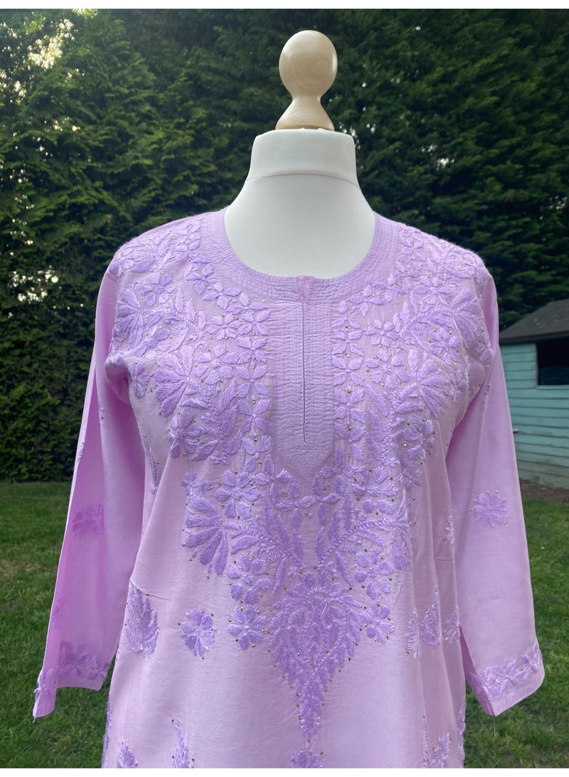 Lilac Cotton Silk Chikankari Kurta, Hand Embroidered Long Indian Tunic - Image 4