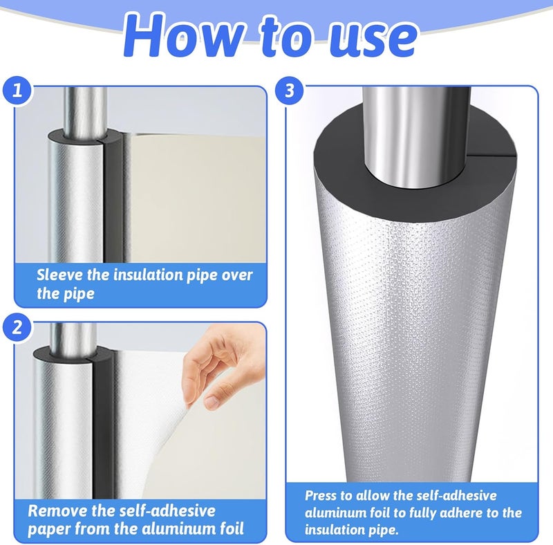 FUYITE 16 Pack Pipe Insulation Foam Tube, 3/4'' Self Adhesive Pre Slit Foam Pipe Covers Polyethylene with Aluminum Foil for Spigot, Winter Outside Pipes, Sprinkler, Water Heater Pipes Freeze Protection - Image 4