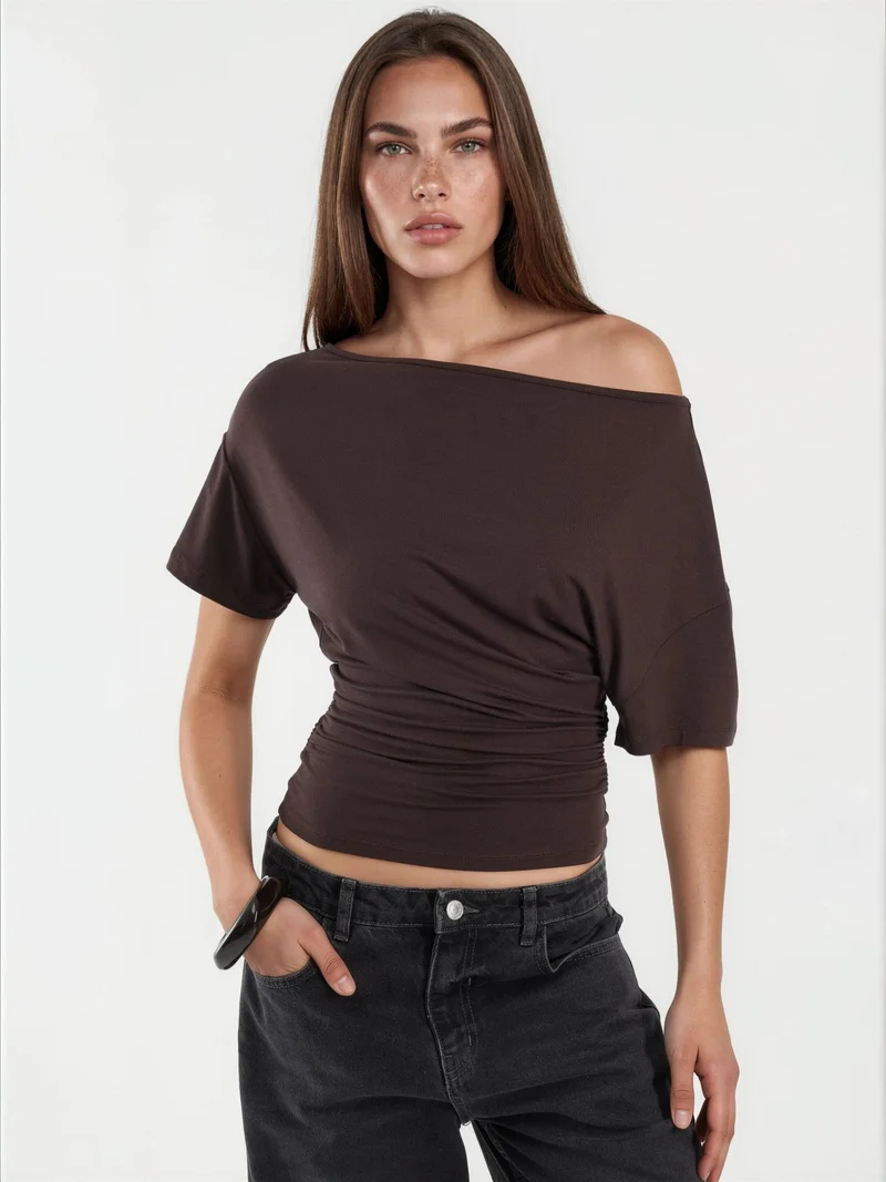 HICCUP Asymmetrical Neck Soft Viscose Knit Top