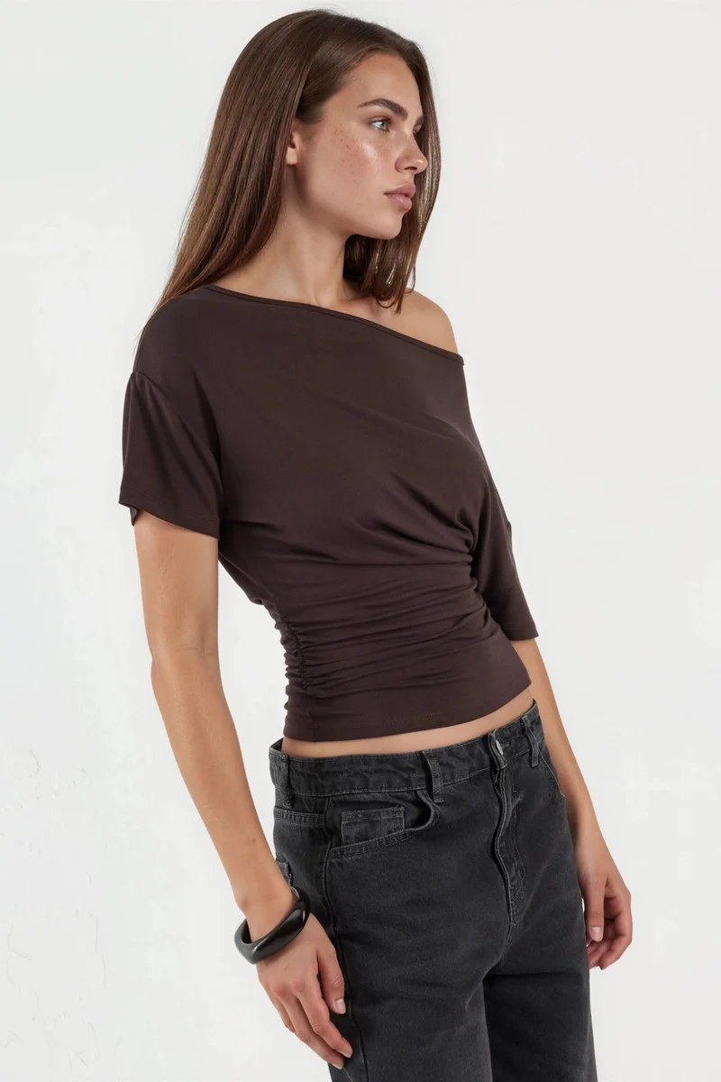 Hiccup Asymmetrical Neck Soft Viscose Knit Top