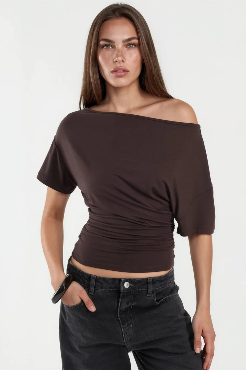 Hiccup Asymmetrical Neck Soft Viscose Knit Top