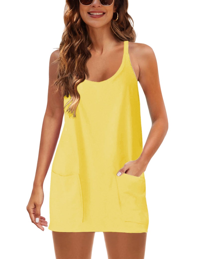 Lentta Womens Athletic Sleeveless Mini Dress with Built-in Shorts V Neck Spaghetti Strap Sundress(LightYellow-XS) - Image 4