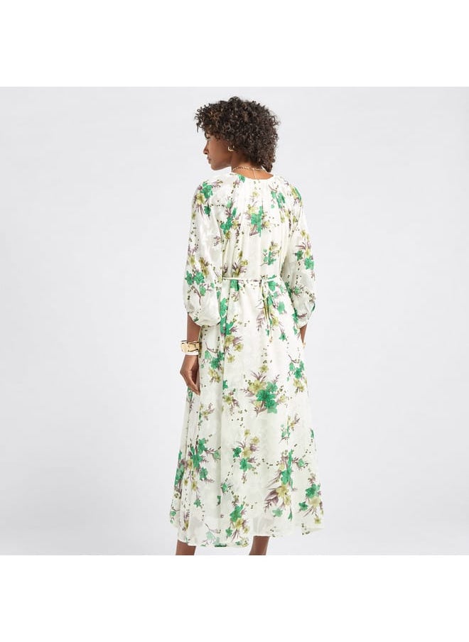 FAV Floral Print Midi Dress with Batwing Sleeves and Tie-Up Detail  - Image 3