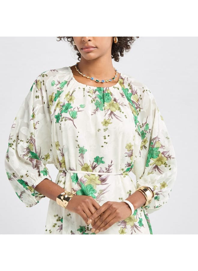 FAV Floral Print Midi Dress with Batwing Sleeves and Tie-Up Detail  - Image 4