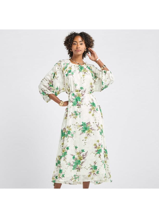 FAV Floral Print Midi Dress with Batwing Sleeves and Tie-Up Detail  - Image 1