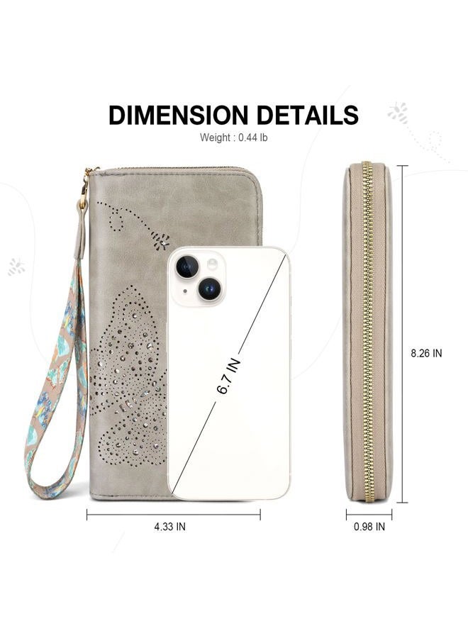 KITEVIUN RFID Wallet Women, Large Capacity Clutch Purses Wristlet Wallets for Women, Ladies Butterfly Card Holder Phone Purse with Zipper Coin Travel Pocket, 04-grey - Image 3