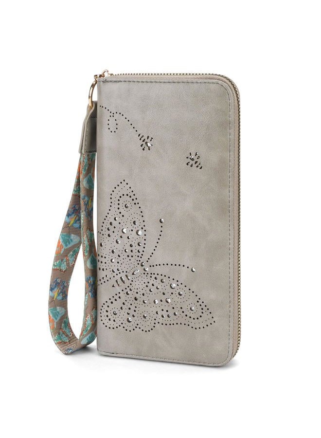 KITEVIUN RFID Wallet Women, Large Capacity Clutch Purses Wristlet Wallets for Women, Ladies Butterfly Card Holder Phone Purse with Zipper Coin Travel Pocket, 04-grey - Image 1