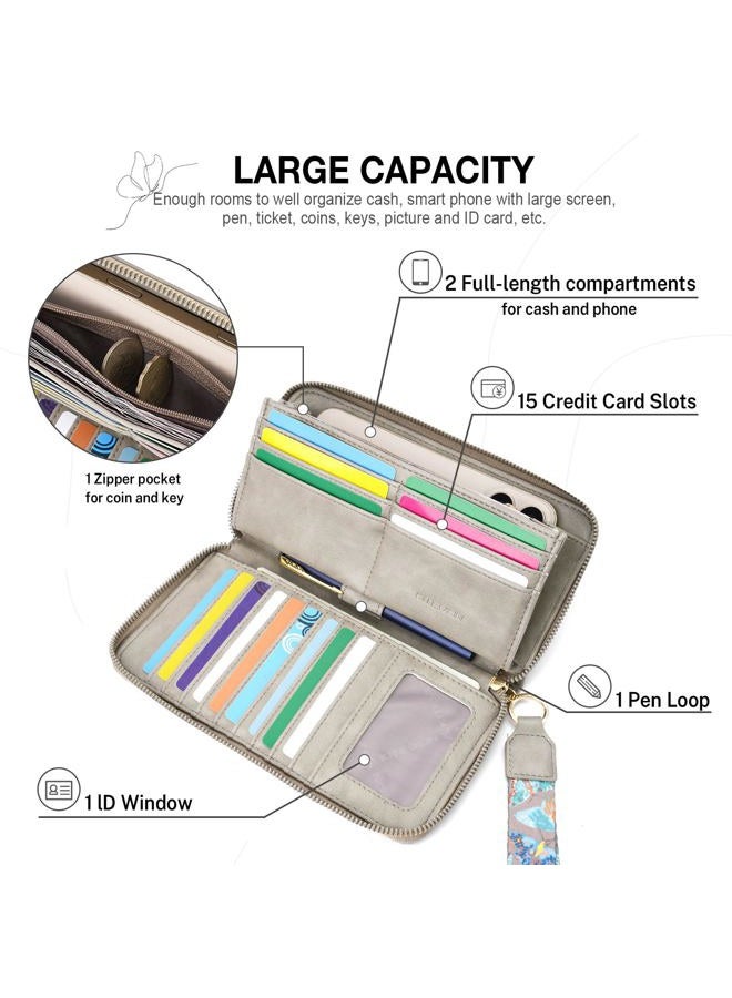 KITEVIUN RFID Wallet Women, Large Capacity Clutch Purses Wristlet Wallets for Women, Ladies Butterfly Card Holder Phone Purse with Zipper Coin Travel Pocket, 04-grey - Image 4