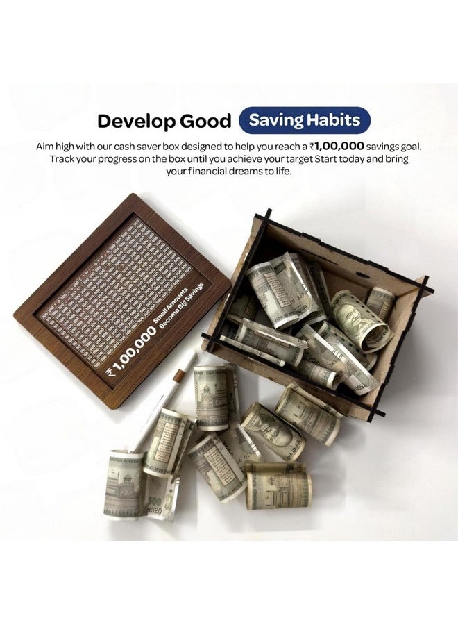 Cable World® Wooden Money Box Money Bank, Countdown Money Saving Box with 100000 Target, Money Box with Money Target and Numbers to Check for Boys Girls (Brown) - Image 2