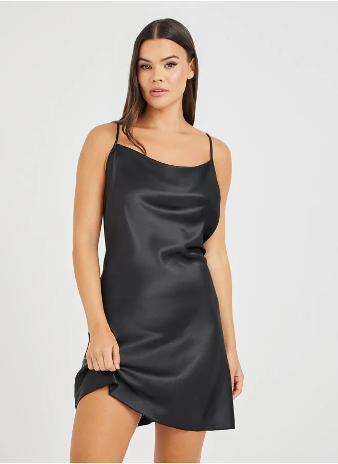 Styli Styli Cowl Neck Satin Slip Dress with Back Butterfly Pattern