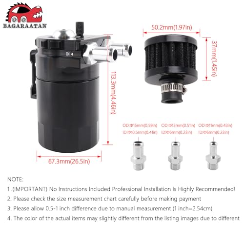 BAGARAATAN Universal Oil Catch Can Tank，Aluminum Oil Separator Catch Can with Breather Filter 300ml（Black） - Image 2