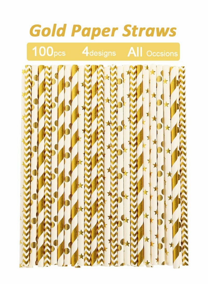 KASTWAVE Paper Straws for Drinking, Biodegradable Gold Paper Bulk, Pack of 100 Metallic Foil Striped/Wave/Heart/Star Straws for Birthday, Wedding, Bridal/Baby Shower, Celebrations and Party Supplies - Image 5
