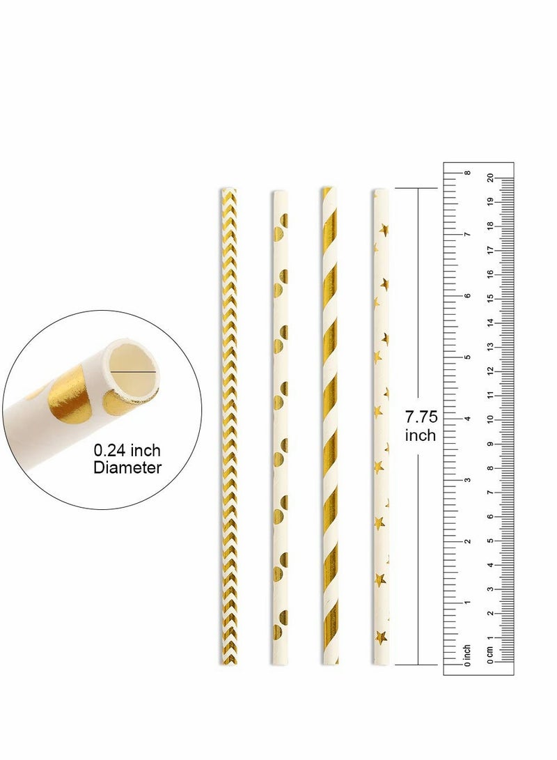 KASTWAVE Paper Straws for Drinking, Biodegradable Gold Paper Bulk, Pack of 100 Metallic Foil Striped/Wave/Heart/Star Straws for Birthday, Wedding, Bridal/Baby Shower, Celebrations and Party Supplies - Image 2