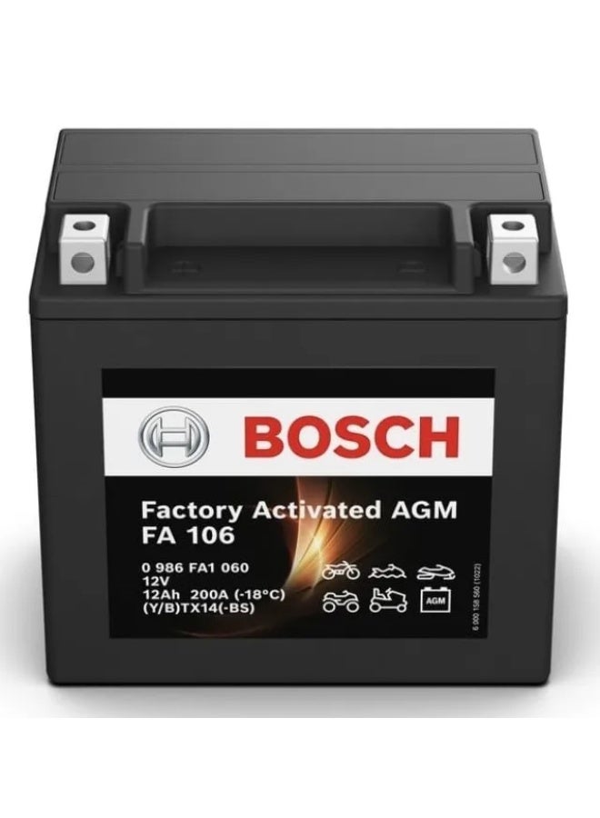 بطارية Bosch AGM FA 106 سعة 12Ah 12V للدراجات النارية ومركبات القوى الرياضية – جاهزة للاستخدام