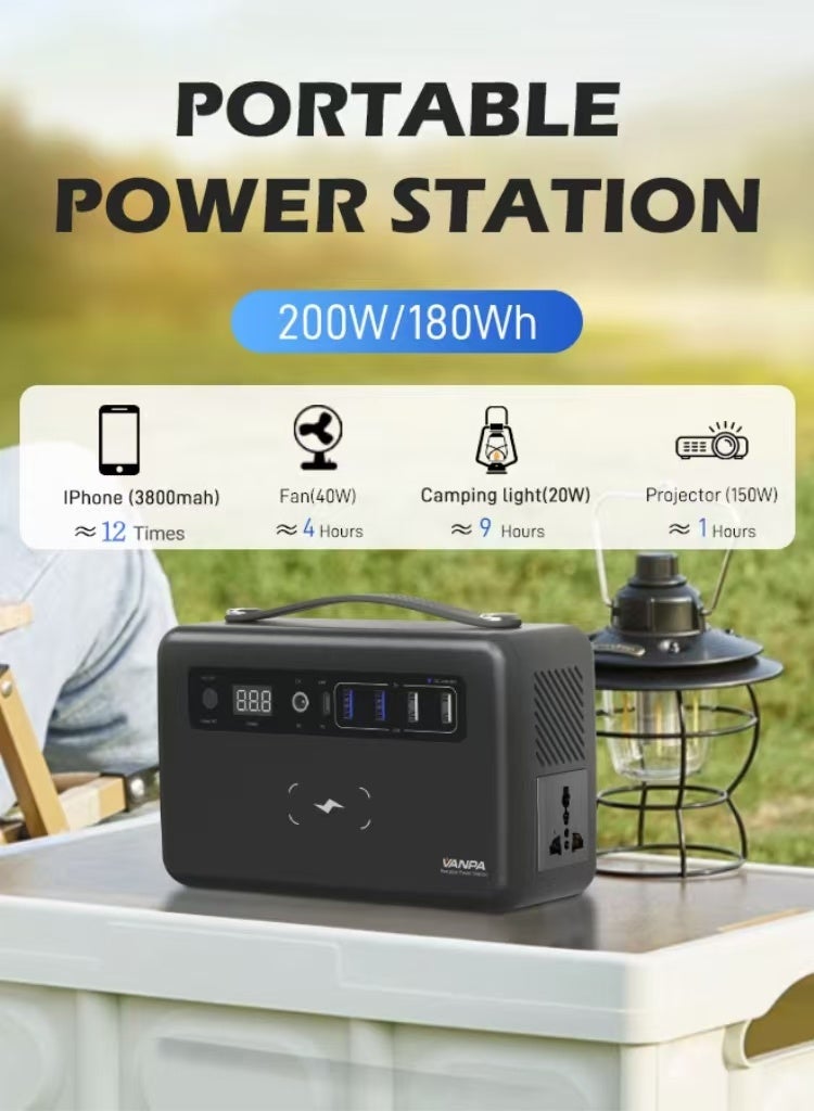 فانپا محطة طاقة محمولة 200 واط ، بطارية ليثيوم 140 وات في الساعة باور بانك للطاقة الشمسية مع مخرج لاسلكي AC / DC / PD / USB للتخييم - Image 2