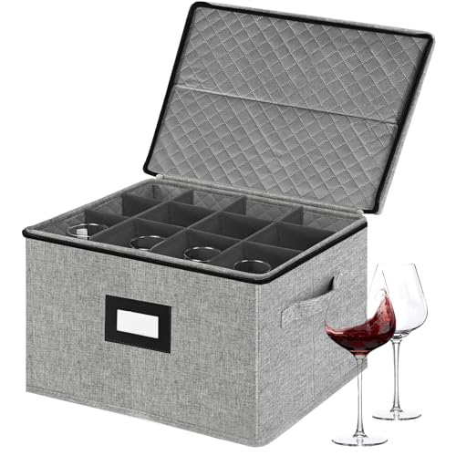 homyfort Wine Glass Storage Box, China Storage Containers with Dividers, Stemware Storage Case Holds 12 Wine Glass or long stem Crystal Glassware with Handles, Hard Shell and Stackable (Grey) - Image 1