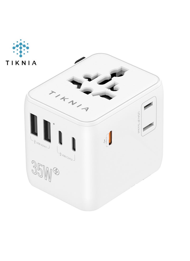 TIKNIA 35W GaN Universal Travel Adapter, International Power Adapter with Extra 2 Prong AC Outlet, 5 USB Ports (3 USB C), Worldwide Plug Adaptor for US to Europe UK Australia Ireland UAE (White)  - Image 1