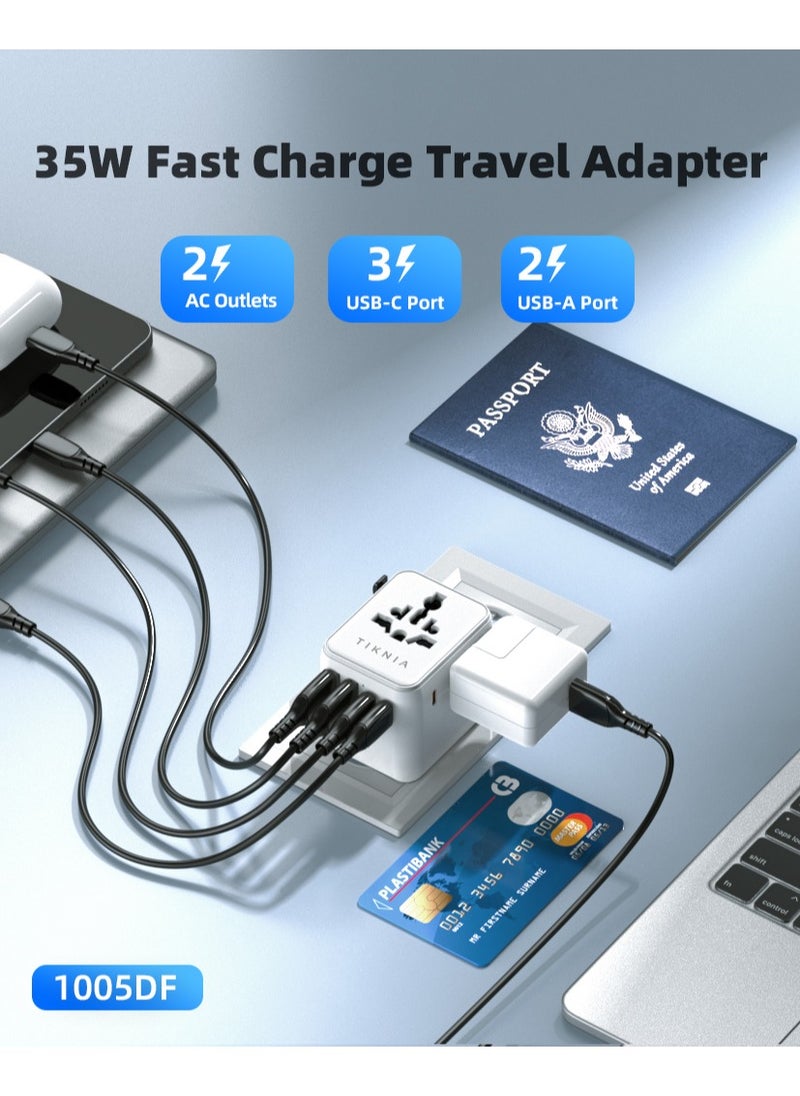 TIKNIA 35W GaN Universal Travel Adapter, International Power Adapter with Extra 2 Prong AC Outlet, 5 USB Ports (3 USB C), Worldwide Plug Adaptor for US to Europe UK Australia Ireland UAE (White)  - Image 2