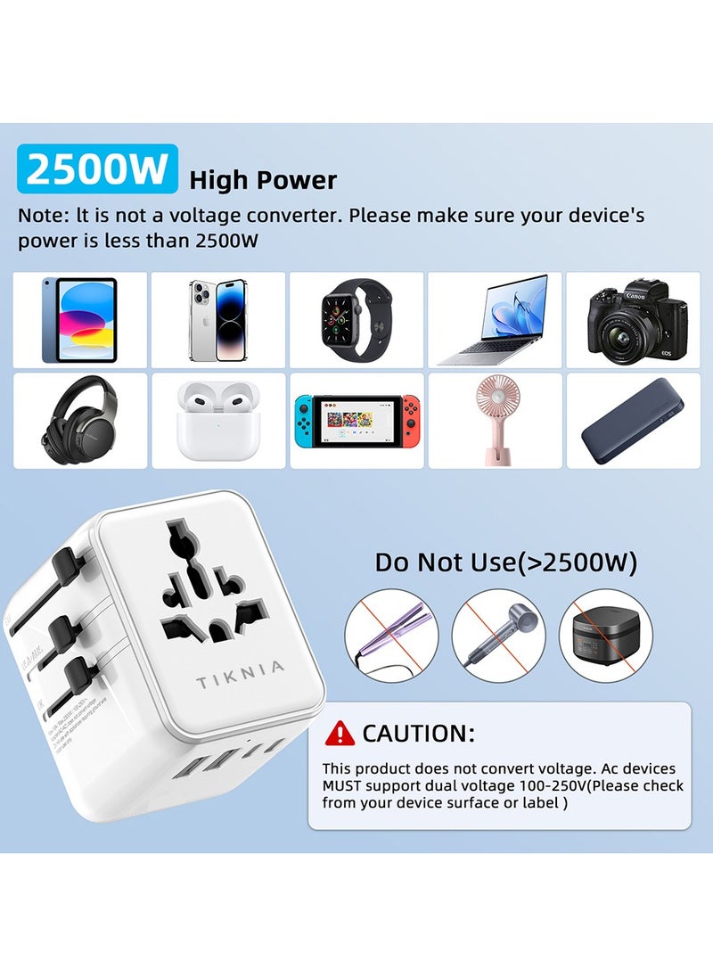 TIKNIA 35W GaN Universal Travel Adapter, International Power Adapter with Extra 2 Prong AC Outlet, 5 USB Ports (3 USB C), Worldwide Plug Adaptor for US to Europe UK Australia Ireland UAE (White)  - Image 5