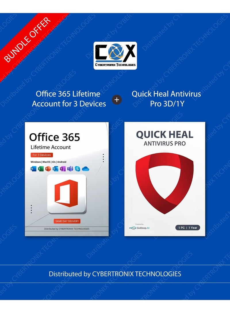 Quick Heal Office 365 Lifetime Account for 3 Devices  | Windows, Android, MAC, iOS & Online  + Quick Heal Antivirus pro for 3 Windows Device 1 Year | Digital Subscription | SAME DAY DELIVERY - Image 1