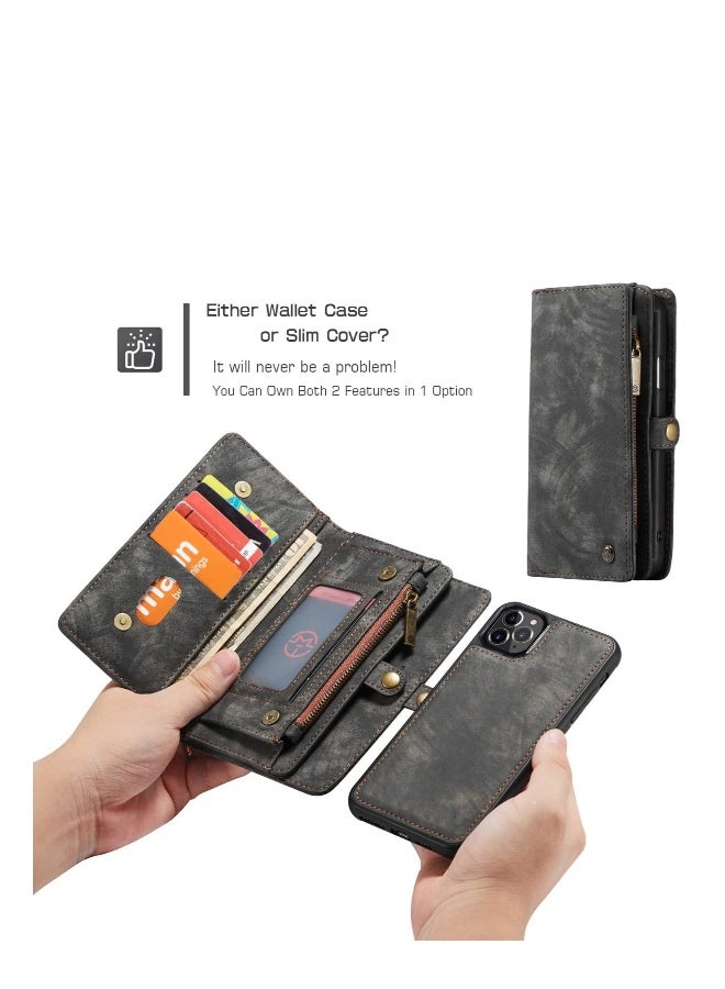 Case for iPhone 13/13 Pro/13 Pro Max/13 Mini, Zipper Wallet Kickstand Leather Card Protector Cover with Adjustable Removable Strap, Black, 13 6.1"  - Image 2