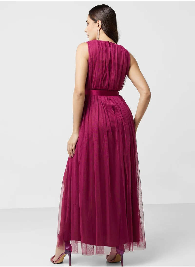 Anaya With Love Surplice Neck Mesh Plisse Dress