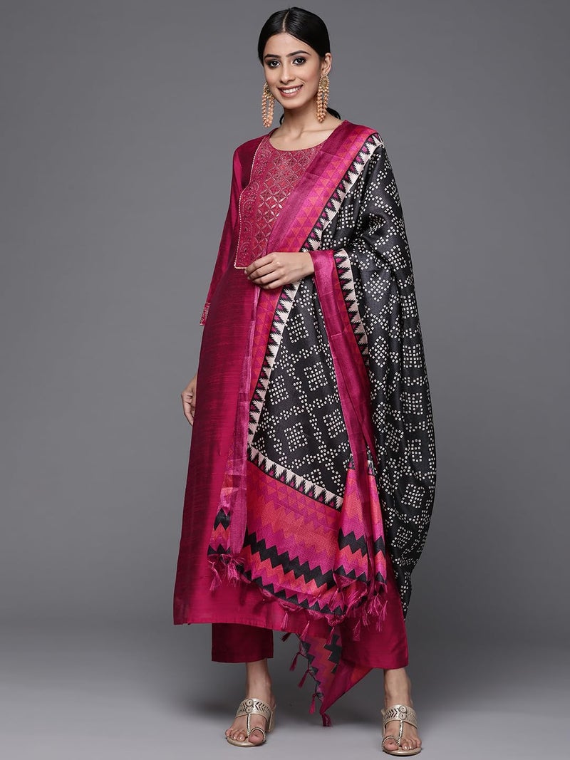 Varanga Magenta Silk Kurta Set for Women – Elegant Woven Yoke, Gota Embellishment, Elasticated Trouser, Side Slits – Stylish & Comfortable Ethnic Wear (Small) - Image 2