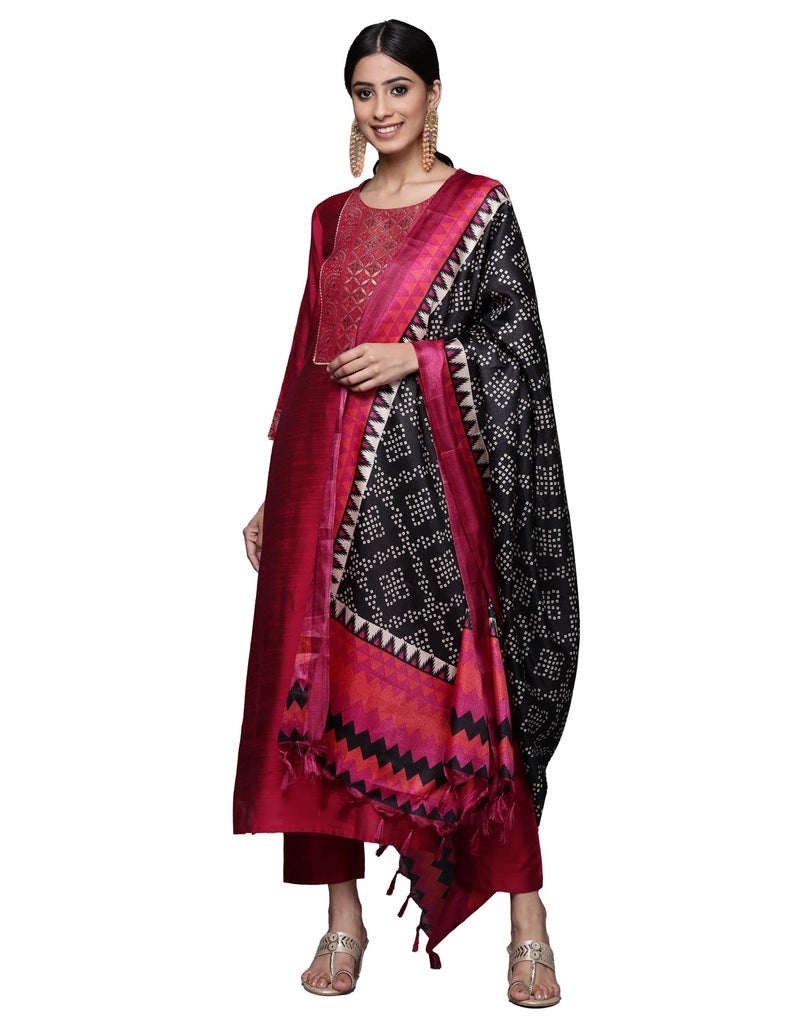 Varanga Magenta Silk Kurta Set for Women – Elegant Woven Yoke, Gota Embellishment, Elasticated Trouser, Side Slits – Stylish & Comfortable Ethnic Wear (Small) - Image 1
