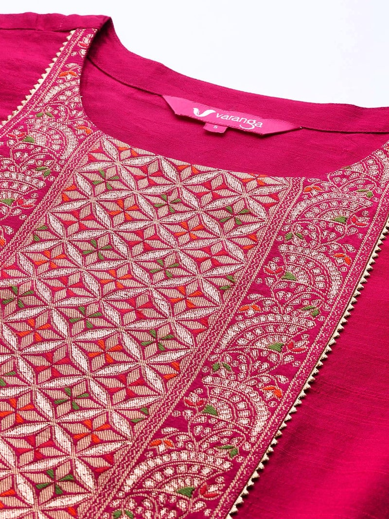 Varanga Magenta Silk Kurta Set for Women – Elegant Woven Yoke, Gota Embellishment, Elasticated Trouser, Side Slits – Stylish & Comfortable Ethnic Wear (Small) - Image 5