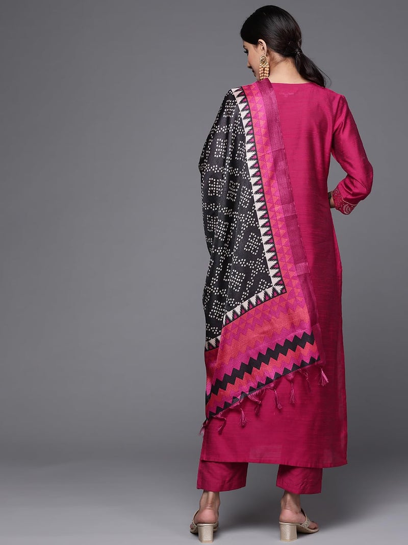 Varanga Magenta Silk Kurta Set for Women – Elegant Woven Yoke, Gota Embellishment, Elasticated Trouser, Side Slits – Stylish & Comfortable Ethnic Wear (Small) - Image 3