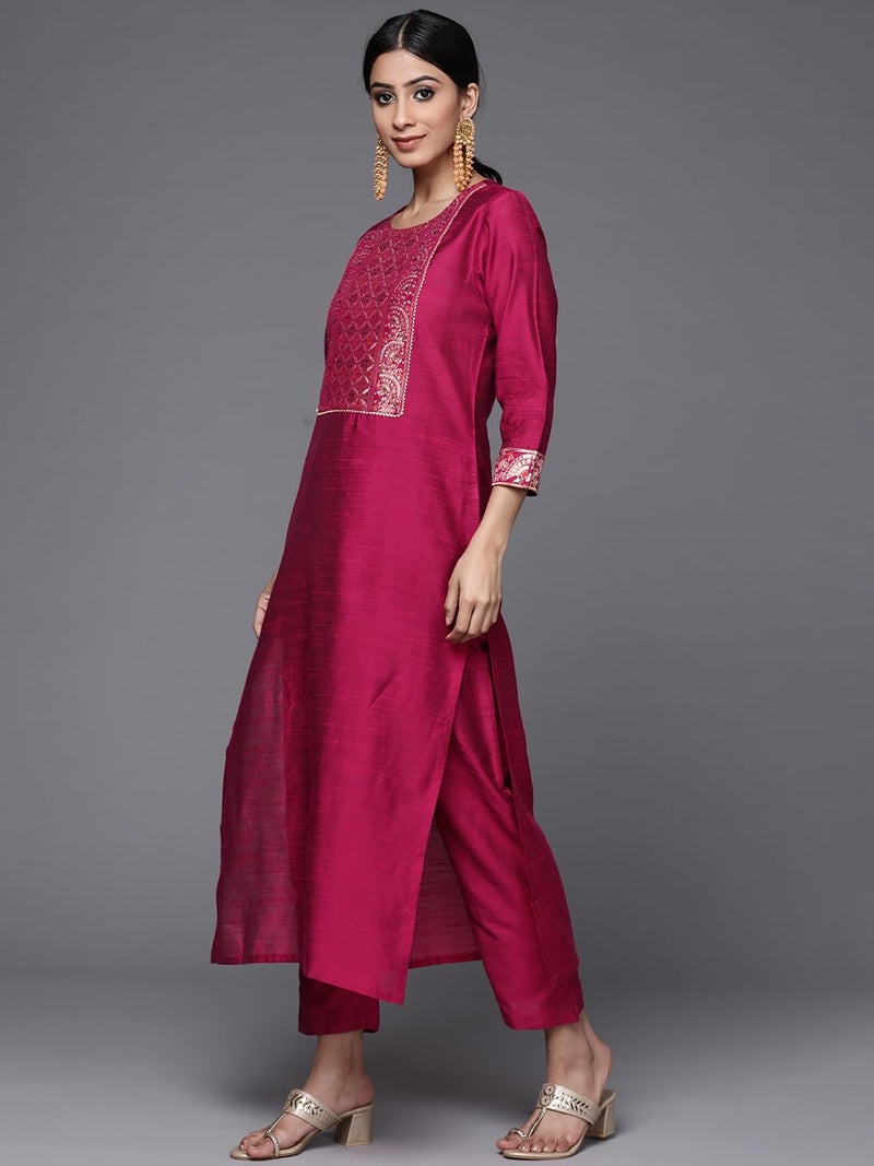 Varanga Magenta Silk Kurta Set for Women – Elegant Woven Yoke, Gota Embellishment, Elasticated Trouser, Side Slits – Stylish & Comfortable Ethnic Wear (Small) - Image 4