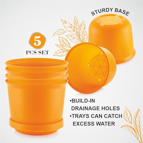 INKULTURE 10 Inch Plastic Round Flower Pots with Tray for Home Planters, Terrace, Garden Etc | Pack of 05 | Yellow | for Home Indoor & Outdoor Gardening Plants - Image 4
