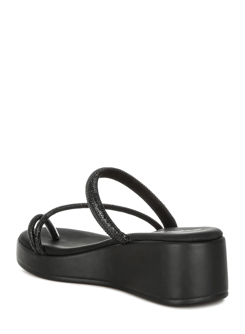 London Rag Toe Loop Slip On Rhinestone Sandals in Black