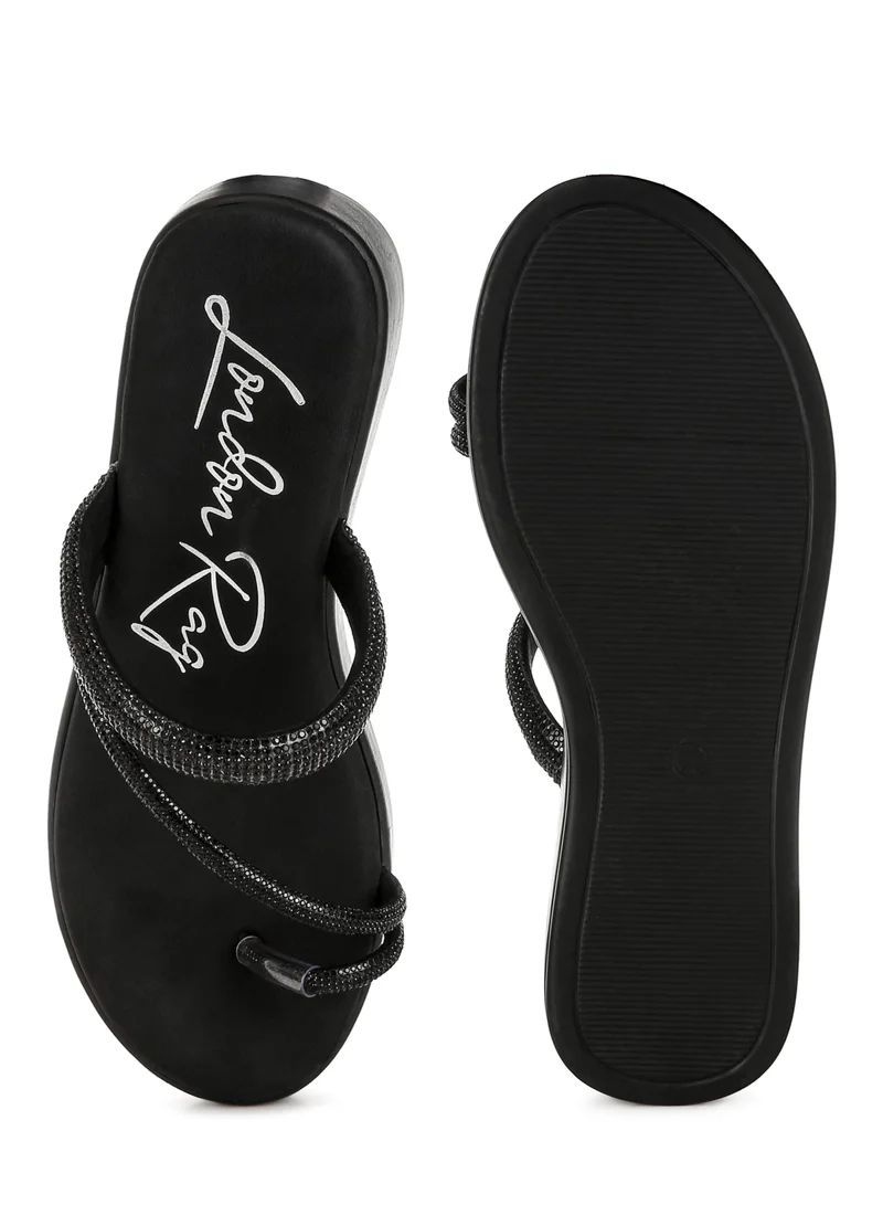 London Rag Toe Loop Slip On Rhinestone Sandals in Black