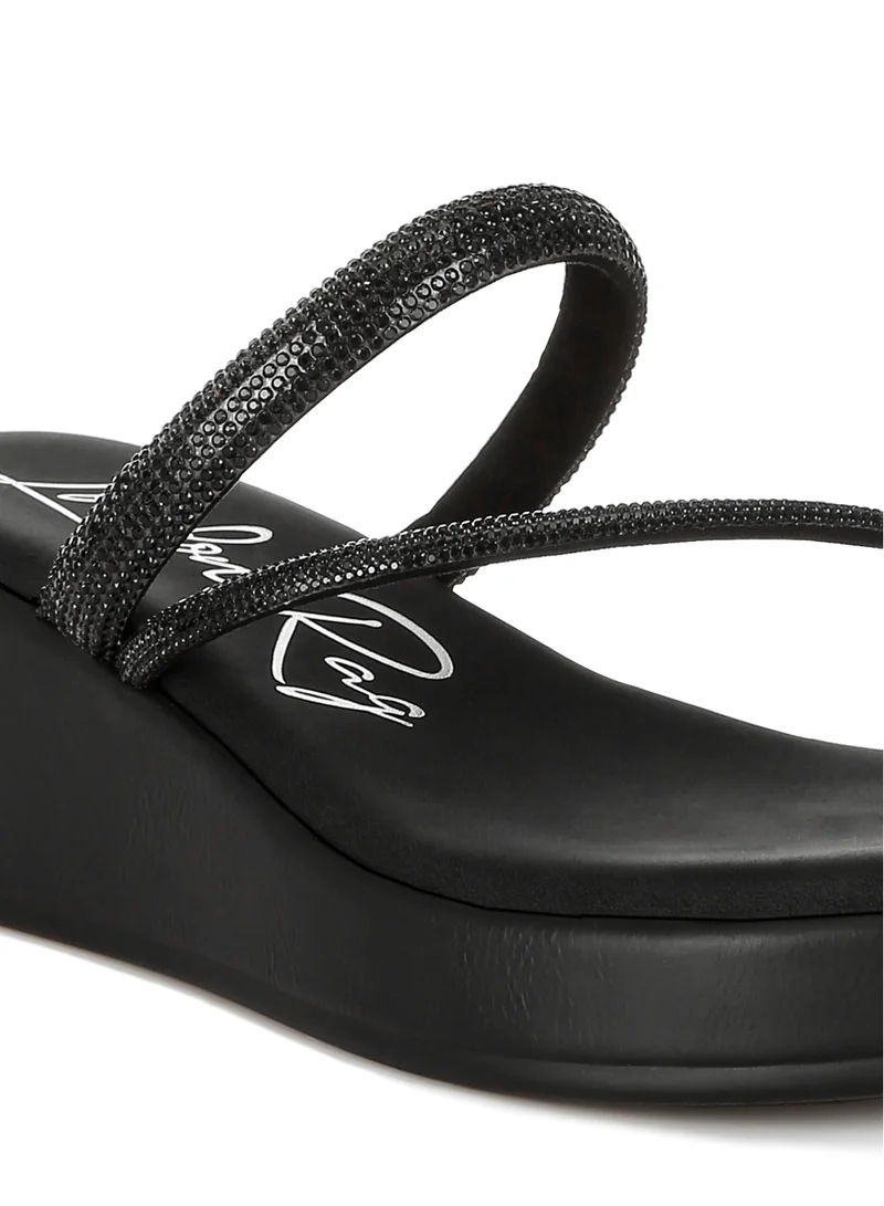 London Rag Toe Loop Slip On Rhinestone Sandals in Black