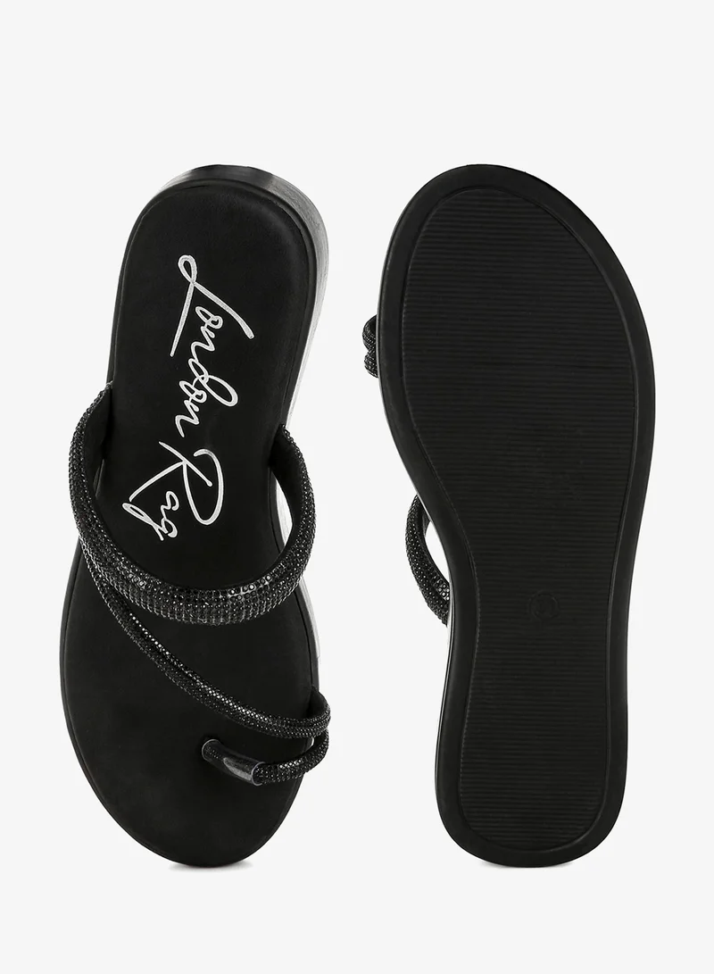 London Rag Black Toe Loop Slip On Rhinestone Sandals in Black for Women | Best Price UAE