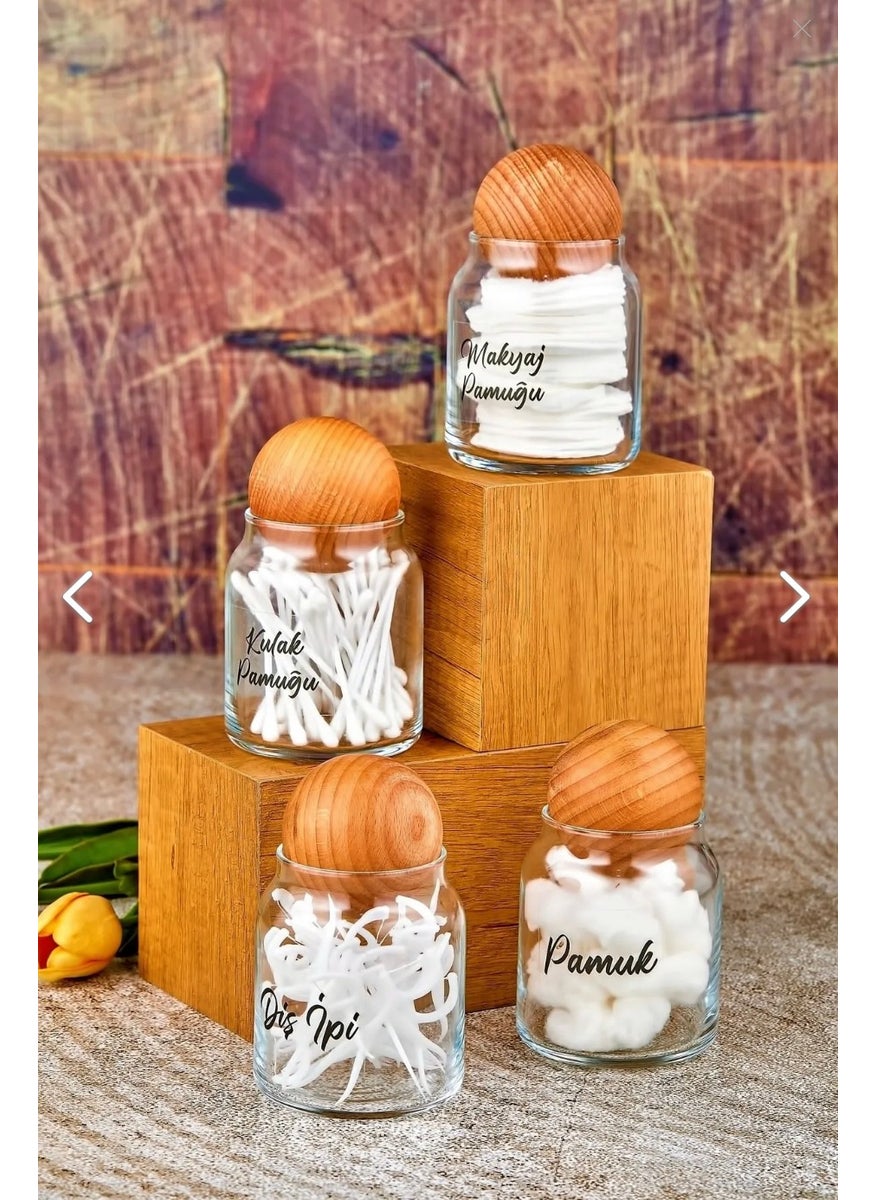 Fbz Home 4-Piece 300 ml Glass Cotton Buds with Ball Caps & Make-up Cotton & Dental Floss & Cotton Holder  - Image 1