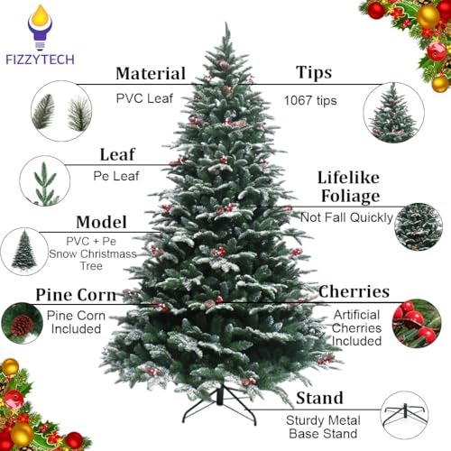 fizzytech 6 Feet Premium PE & PVC Pine Artificial Christmas Tree with 1067 Tips, Snow-Flocked, Red Berries & Pinecones Easy Assembly Metal Stand Christmas Decoration for Home (Snow Flake Tree 6ft) - Image 2