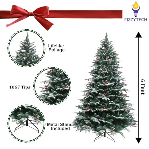 fizzytech 6 Feet Premium PE & PVC Pine Artificial Christmas Tree with 1067 Tips, Snow-Flocked, Red Berries & Pinecones Easy Assembly Metal Stand Christmas Decoration for Home (Snow Flake Tree 6ft) - Image 3