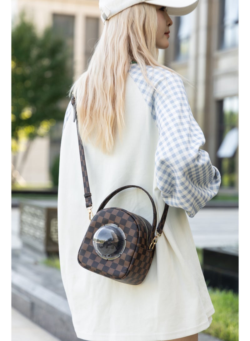 McmhyingPop Hamster Pet Carrier Bag, PU Space Capsule Bubble Window Portable Outgoing Travel Pet Handbags for Small Animal Guinea Pig Bird, Brown - Image 3