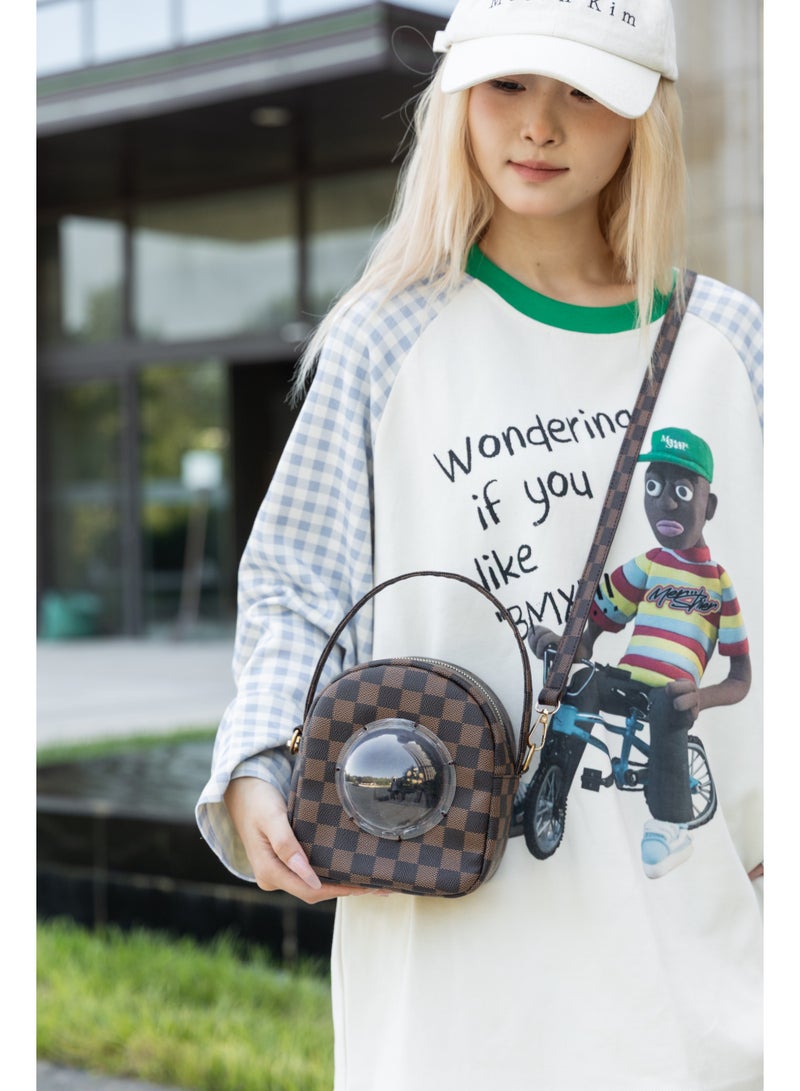 McmhyingPop Hamster Pet Carrier Bag, PU Space Capsule Bubble Window Portable Outgoing Travel Pet Handbags for Small Animal Guinea Pig Bird, Brown - Image 2