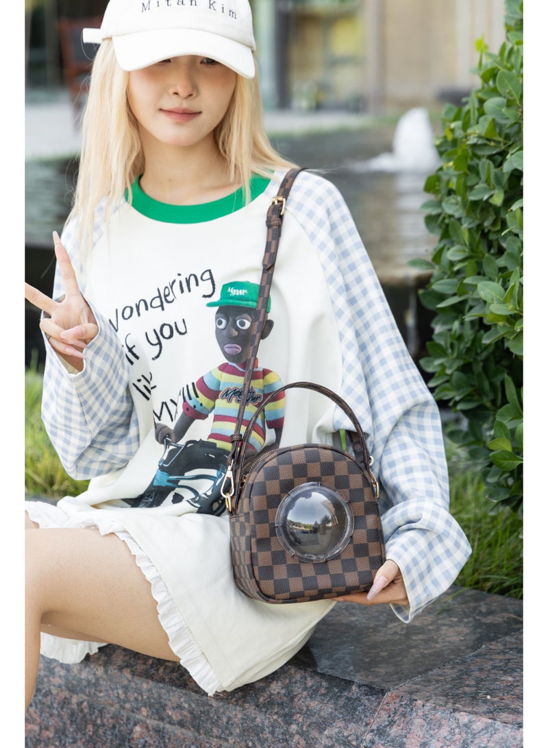 McmhyingPop Hamster Pet Carrier Bag, PU Space Capsule Bubble Window Portable Outgoing Travel Pet Handbags for Small Animal Guinea Pig Bird, Brown - Image 4