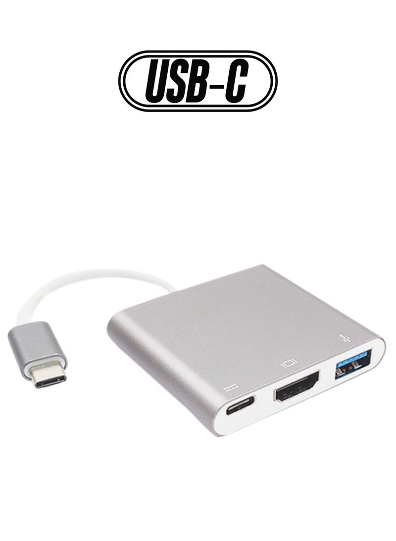 Female HDMI USB C (Type C) to with Male USB 3.0 Port and USB C Charging Port Adapter (Silver) - Image 1