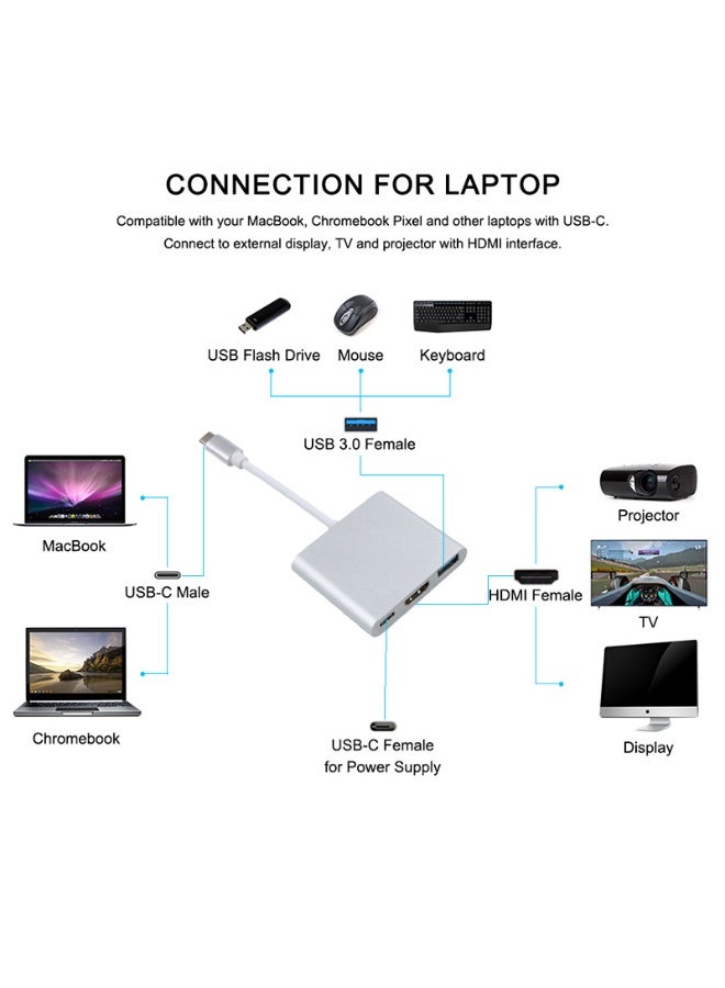 Female HDMI USB C (Type C) to with Male USB 3.0 Port and USB C Charging Port Adapter (Silver) - Image 2