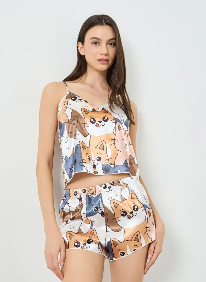 Take Two Cat Print V Neck Cami and Shorts Set