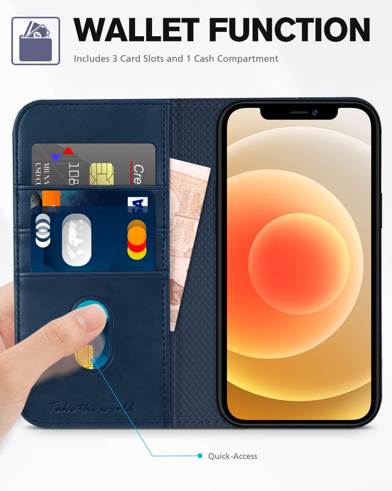 TUCCH Case for iPhone 12 Pro/iPhone 12 5G, PU Leather Folio Case Wallet with [Kickstand] [Card Slot] Cover [Protective TPU Interior Case] Compatible with iPhone 12 /iPhone 12 Pro 6.1-inch, Dark Blue - Image 3