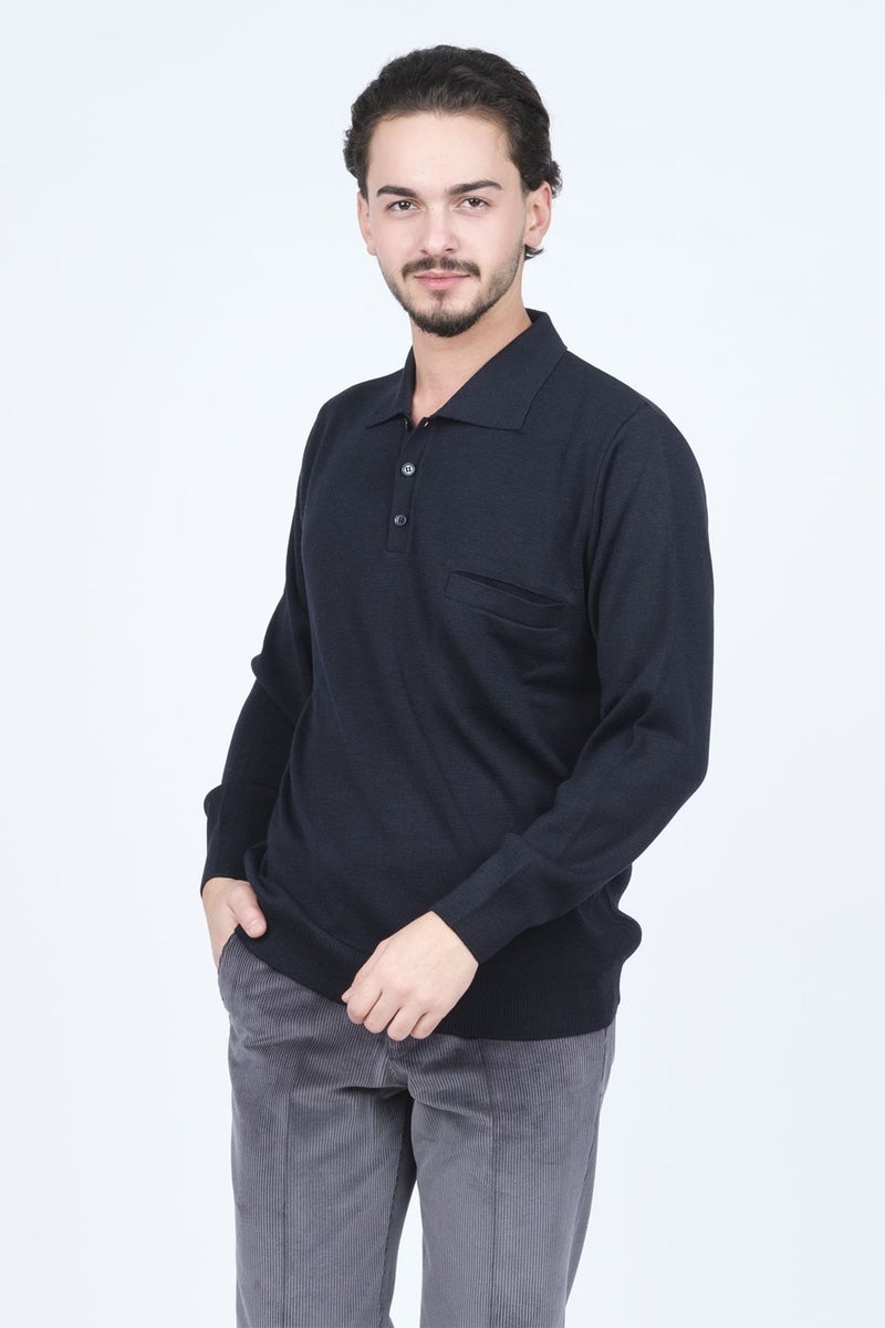 Ateş Triko Ateş Knitwear Men's Polo Collar Pocket Detailed Wool Sweater 6091023 Navy Blue  - Image 1